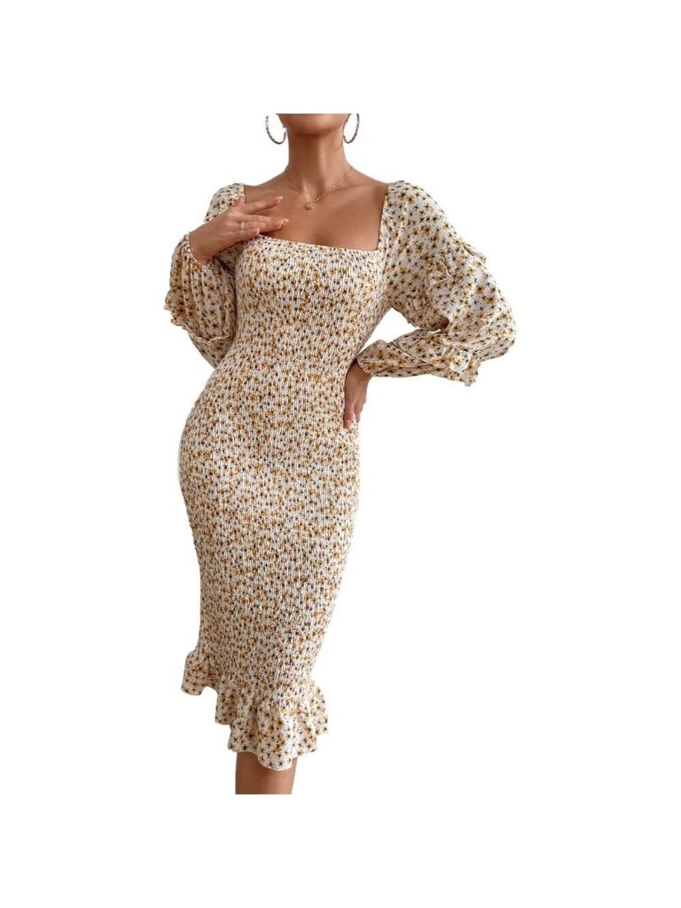 Women’s White Yellow Floral Puff Sleeve Midi Bodycon Smocked Square Neck Dress